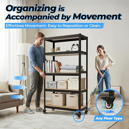 HOMEDANT House 5-Tier Metal Rolling Cart Shelf Rack Casters Heavy Duty Laminated Wheel Shelving Unit Adjustable Utility Storage Shelves Organizer Shelf Kitchen Garage (4, (L) 48.1" W, Black)