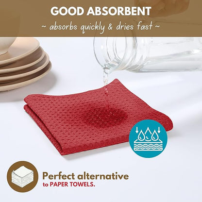 Native Fab Cotton Kitchen Towel with Hanging Loop 16x26 inches, 4-Pack, Waffle Weave Kitchen Towels for Cleaning Drying, Washcloths Soft & Absorbent Cloth Rags, Bar Towel, Dish Cloth, Red