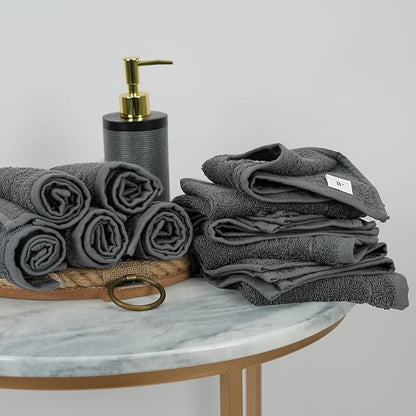 Tens Towels Pack of 12 Washcloths, 12 x 12 Inches, Lighter Weight, Quick to Dry, Super Soft & Absorbent, Gentle Face Towels, Hotel Quality, Perfect for Bathroom, Gym, Spa (Dark Grey, 12 Pack)