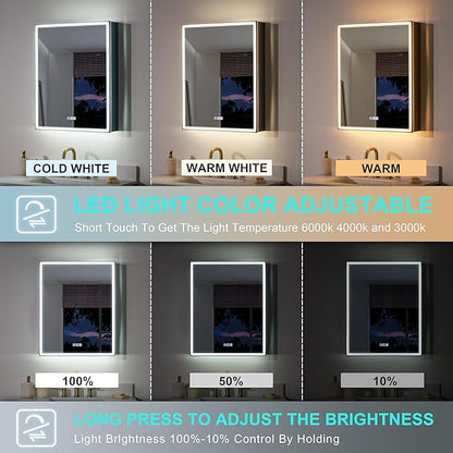 WELLFOR 24" X 30" LED Mirrored Medicine Cabinet, Medicine Cabinets with Lights for Bathroom, Defogging Function Mirror Cabinet, Bathroom Medicine Cabinet with USB Port & Outlet, Left Opening Doors