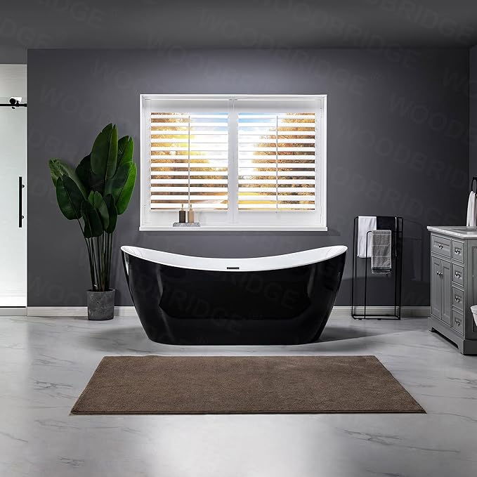 WOODBRIDGE 71" Acrylic Freestanding Bathtub Contemporary Soaking Black Tub with Matte Black Overflow and Drain,Black,B1817-MB