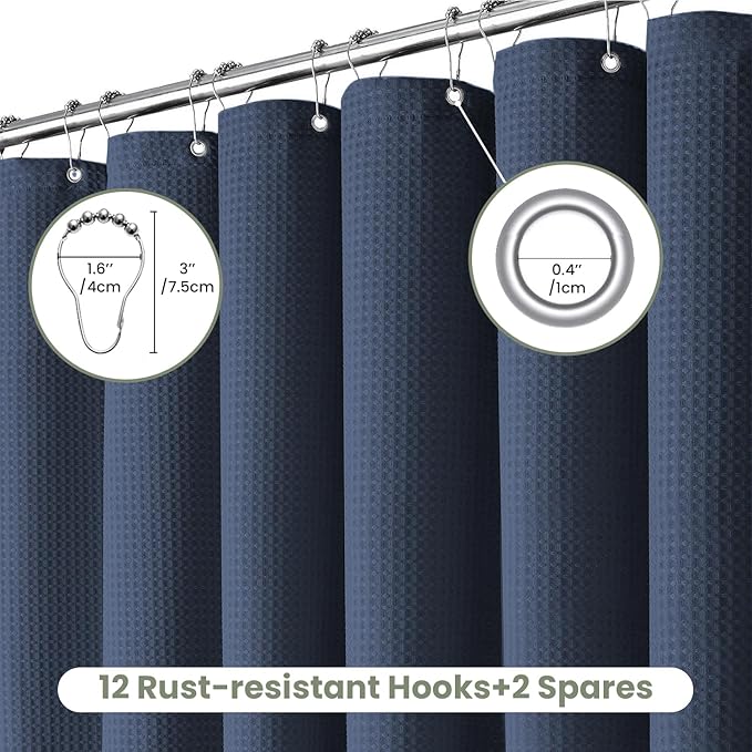 Inhousolu Fabric Shower Curtain Waffle Weave, Navy Blue 230 GSM Heavy Duty, Weighted Hem, 14 Metal Hooks, Water Repellent, Machine Washable, Hotel Spa Luxury Bath Curtain Set, 72 x 84 Inch