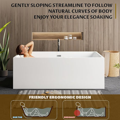 59" Freestanding Bathtub，Acrylic Deep Soak Tub, Glossy White, Easy Install with Overflow & Drain
