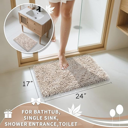 Yimobra Chenille Bathroom Rugs Non Slip, Extra Thick Soft Absorbent Bath Rug, Machine Washable Quick Dry Bath Mat for Bathroom Floor, Tub and Shower, Home Decor Accessories, 24x17, Khaki