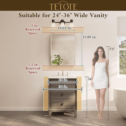 TETOTE 24 x 32 Medicine Cabinet with Mirror with Tempered Beveled Mirror Black Medicine Cabinet Aluminum Cabinet DTC Hinges, Stepless Adjustable Shelves, Recessed/Surface-Mounted