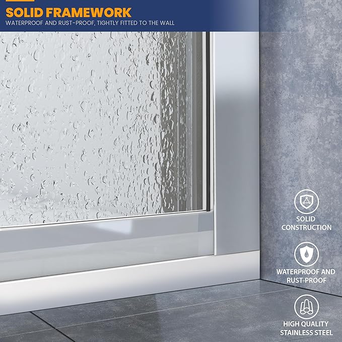 Glass Shower Panel, 36" W x 78" H Semi-Framed Fixed Shower Glass Panel in Silver with 5/16"(8mm) Clear Tempered Glass Door, Simple Shower Door Panel for Bathroom