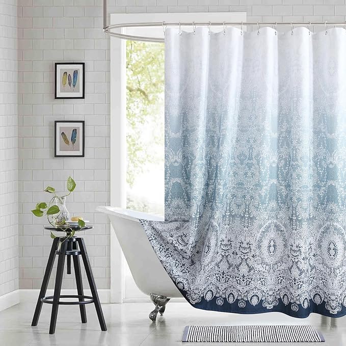 Extra Long Shower Curtain - Chantilly Lace Design, Heavyweight Polyester, Storm Blue to White Ombre, 72" W x 84" H