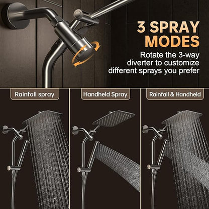 Veken Brushed Nickel Shower Head, 10'' All Metal Rain Shower Heads with Handheld Spray Combo, Hand Held Bathroom Combo with Extension Arm, Dual shower with Power Wash, Adjustable Rainfall Showerhead