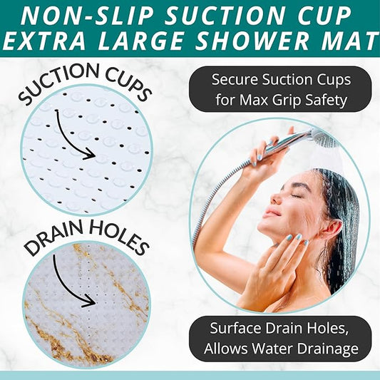 ENKOSI Extra Large Square Non Slip Shower Mat - 31 x 31-inch XL Bathroom Shower Mat - Square Shower Matts for Shower Stall Floors | Secure Suction Cups and Drain Holes (31x31 Marble White Gold)