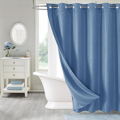 MitoVilla Blue Long Shower Curtain Liner Set 72 x 80, No Hooks Needed 80 inch Long Heavyweight Waffle Fabric Shower Curtain Set with Snap-in Liner for Hotel Grade Spa-Like Bathroom Decor