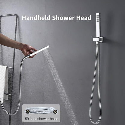 Shower System Chrome Shower Set, Push Button Shower Faucet with 2 Rain Shower Head(12+8 inch), Handheld Shower, with Digital Temperature Display Function