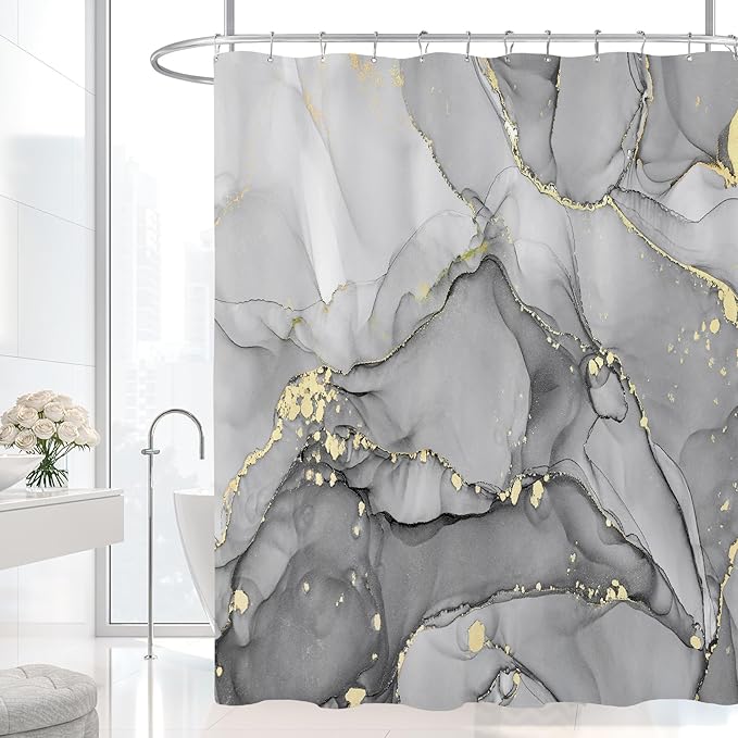 Small Stall Marble Shower Curtain 36 x 72 Inch, Half Narrow Abstract Modern Shower Curtains for Bathroom, Luxury Art Ink Texture Fabric Shower Curtain Set with Hooks, Grey