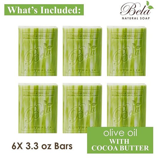 BELA Olive Oil and Cocoa Butter Soap, 3.3 OZ Pack of 6, Long Lasting French Triple Milled Bar Soap with Organic Shea Butter, Hand, Face and Body Wash Bar, Made in Australia