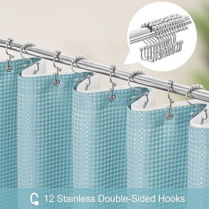3 in 1 Extra Long Shower Curtain Set-72 W x 84 H, Teal Blue Waffle and PEVA Liner Set with 12 Stainless Steel Hooks, Waterproof Fabric for Bathroom