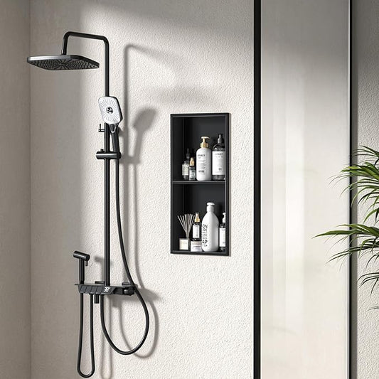 No Tile Needed Shower Niche - 12.75"x24.75"(Inner Size 12"X24") 304 Stainless Steel Recessed Bathroom Shelf, 2-Tier Waterproof Organizer Over Mount Cabinet for Shower Storage, Matte Black