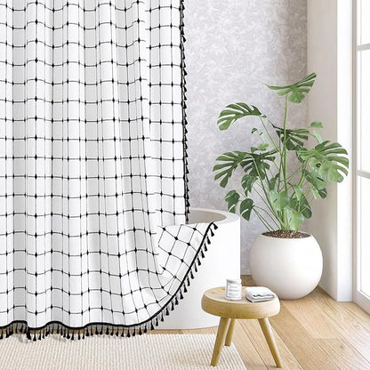 MitoVilla White Black Boho Shower Curtains for Modern Farmhouse Bathroom Decor, Ivory Country Thick Polyester Linen Fabric Cloth with Tassel, 72 x 72
