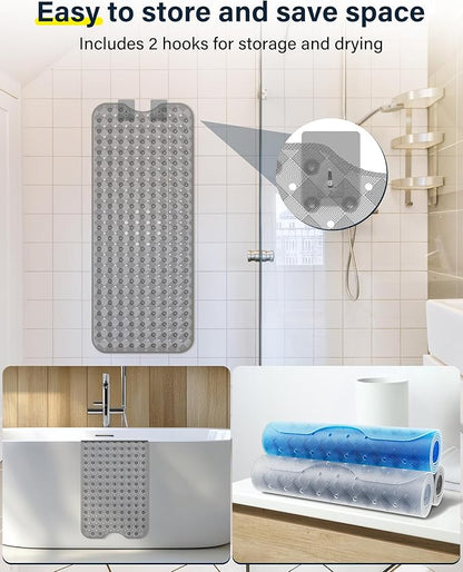 Non Slip Bathtub Mat for Tub & Shower, Machine Washable 40"x16" Anti Slip Bath Mat with 2 Hooks, Soft & Comfortable and Extra Large for Families, Clear Grey