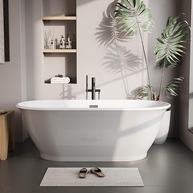 Freestanding Bathtub, 67 Inch Acrylic Soaking Tub, Elliptical Design with Chrome Drain & Overflow, Dual-Tone White & Gray Finish for Contemporary Bathrooms
