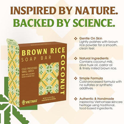 Brown Rice & Coconut Milk 2-in-1 Luxurious Natural Soap Bar (4.2 oz) | Gentle Exfoliation & Nourishing Cleanse | Cold-Processed, Handmade in Vietnam for Smooth, Fresh Skin (Pack of 1)