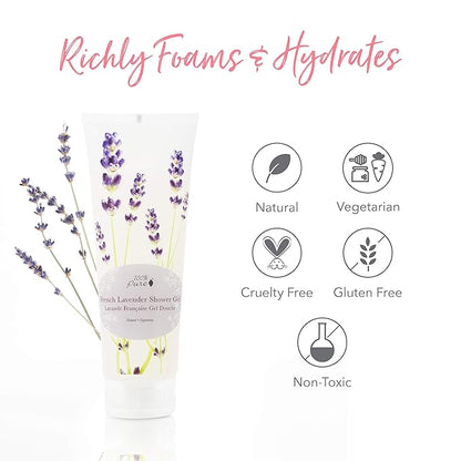100% PURE French Lavender Shower Gel Natural Foaming & Hydrating Body Wash - Deeply Moisturizing Gentle Soap Cleanser for All Skin Types, Even Sensitive - Gluten-Free - 8 Fl Oz