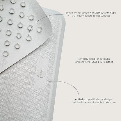 HEVEA Natural Rubber Big Bath Mat - Upcycled, Danish Design - Non Slip Bathtub Mat, 299 Suction Cups - Safe and Friendly Shower Mat for All Ages (Granite)