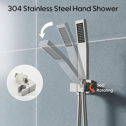 WELLFOR 12-In Wall Mounted Rain Shower Faucet with Single Handle and Handheld Spray, Waterfall Dual Head Shower Head System with 2-way Diverter, Pressure-balanced Valve Included, Brushed Nickel