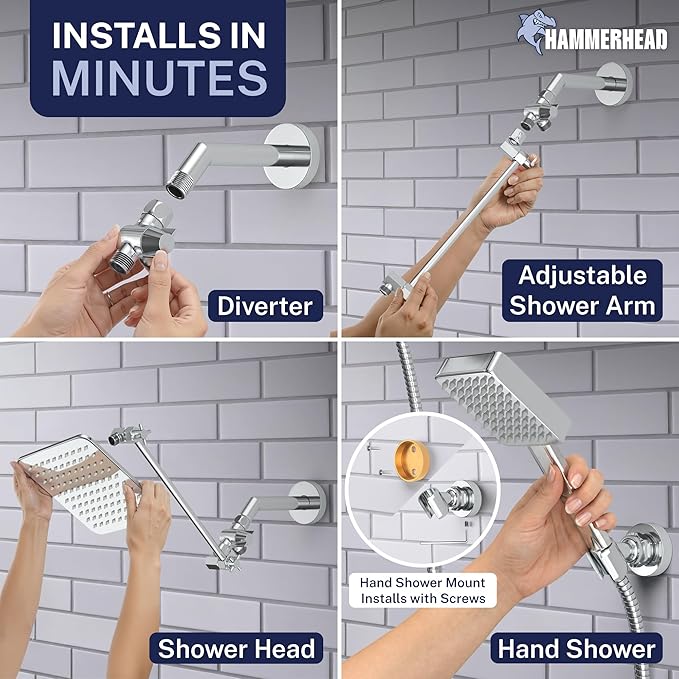 HammerHead® Solid Metal Dual Shower Head Combo — 8" Square Rain Shower Head with Handheld, 12" Adjustable Arm & Wall-Mount Holder for Flexible Installation — Chrome