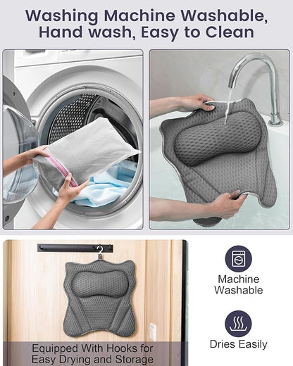 Bath Pillow, Bath Pillows for Tub Neck and Back Support, Soft 4D Air Mesh Bathtub Pillow 16.5 x 17.3 INCH, with 6 Powerful Suction Cups, Bath Accessories Relaxing Gifts for Women (Grey)