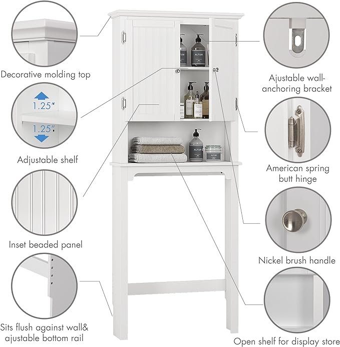 UTEX Over The Toilet Storage Cabinet, Over Toilet Bathroom Organizer with Adjustable Shelves and Double Doors, White