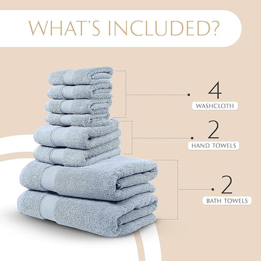 MAURA Light Blue Bath Towel Set of 8 for Bathroom. Turkish Cotton Luxury Bath Towels. Extra Large, Thick, Plush & Soft. Hotel & Spa Quality - Serenity Blue