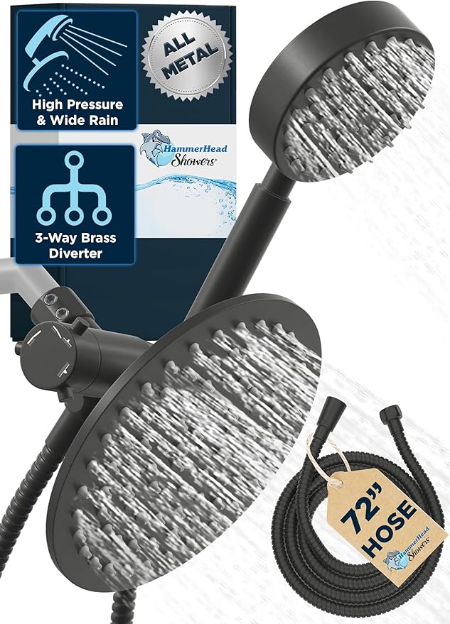 HammerHead Showers® Solid Metal Dual Shower Head Combo – MATTE BLACK – 8 Inch Rainfall High Flow Shower Head & Handheld Shower Head High Pressure with Hose 6ft - Hotel-Like Double Shower Heads