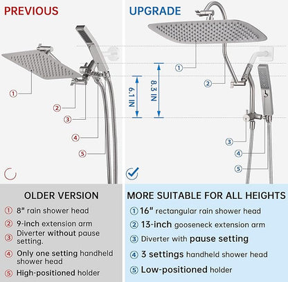 G-Promise All Metal 16 Inch Shower Head with Massage Mode Handheld, Rain Shower Head with Handheld Spray Combo, 3-Way Diverter with Pause Setting, 13 Inch Adjustable Extension Arm (Brushed Nickel)