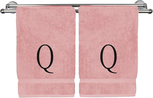 Monogrammed Hand Towel, Personalized Initial Gift, Extra Absorbent 100% Turkish Cotton - Soft Terry Finish - Set of 2 - Black Block Initial Q - Embroidered on Pink Towels
