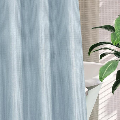 MitoVilla No Hooks Needed Extra Long Shower Curtain Liner Set, Blue 86 inch XL Heavyweight Waffle Fabric Cloth Shower Curtains Set with Snap-in Liner for Modern Luxury Hotel & Spa Bathroom Decor