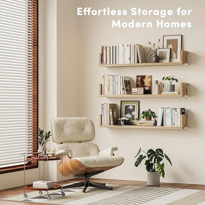 Wall Bookshelf, Set of 3, 36 Inches U Shaped Wall Shelves, Long Deep Floating Shelves, Large Floating Book Shelves - Wood Hanging Bookshelves for Kitchen, Bedroom (Light Brown, 35.4 Inches)