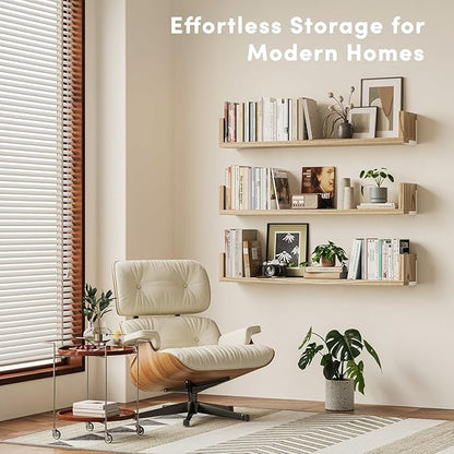 Wall Bookshelf, Set of 3, 36 Inches U Shaped Wall Shelves, Long Deep Floating Shelves, Large Floating Book Shelves - Wood Hanging Bookshelves for Kitchen, Bedroom (Light Brown, 35.4 Inches)