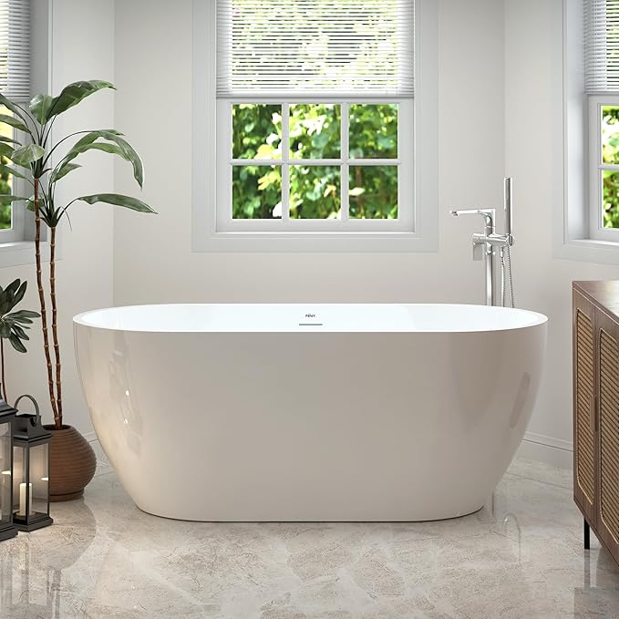 FerdY Nauru 59" Acrylic Freestanding Bathtub, Gracefully Shaped Freestanding Soaking Bathtub with Brushed Nickel Drain & Minimalist Linear Design Overflow, Glossy White, cUPC Certified