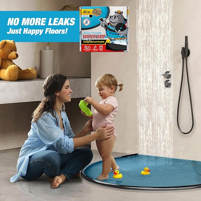 Shower Threshold Water Dam Barrier 45" - Black Collapsible Shower Water Blocker - Guard for Walk in Shower - Water Guard Stopper for Floor - Shower Door Water Blocker by Hippo Dam