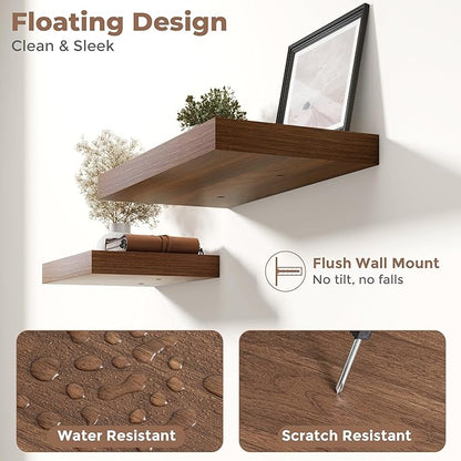 40 Inch Long Floating Shelves for Wall Set of 2, 12"D Wood Grain Bathroom Shelves with Invisible Brackets, Easy Install Engineered Wood Storage Shelves for Kitchen, Living Room, Bedroom, Walnut Finish