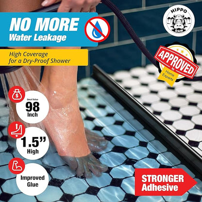 Shower Threshold Water Dam Barrier 98" - Black Collapsible Shower Water Blocker - Shower Guard for Walk in Shower - Water Guard Stopper for Floor - Shower Dam - 1.5" Tall - By Hippo Dam