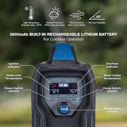 Kakadu Portable Camping Outback Shower, Instant Hot Water for Outdoor Use - Slimline Design, Rechargeable Lithium Battery, Adjustable Shower Head, Slim Pump, Digital Display