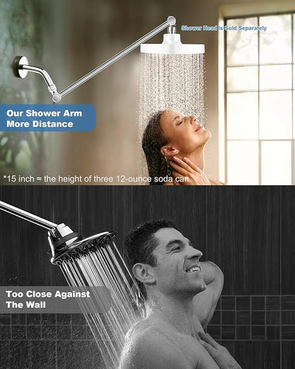 15 Inch Extra Long Adjustable Shower Head Extension Arm With Locking Set Screw, Singing Rain Brass Chrome Angle Height Adjustable, Easy To Install, G1/2 Universal Connector Compatible (Chrome Finish)