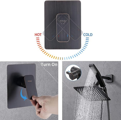 All Metal Shower Faucet Set, Dual Square Shower Head System with Handheld Wand, Diverter, Hose Complete Combo, Pressure Balance Rough-in Valve Included (Oil Rubbed Bronze）