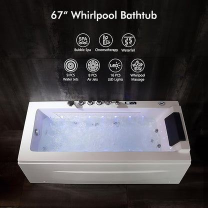 Empava Whirlpool Bathtub, 67-Inch Jetted Bathtub, Hydro Massage with 9 Water Jets & 8 Air Jets with Chromotherapy, Waterfall – LED Control Panel, ETL-Certified