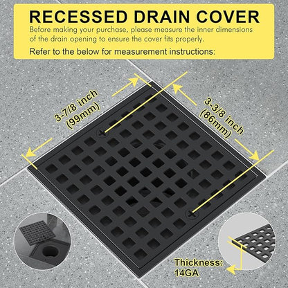 2PC 3-7/8" Matte Black Shower Drain Cover - Square Floor Drain Cover Replacement - Hair Catcher/Drain Strainer for Bathrooms, Showers, and Sinks - SUS304 Stainless Steel & CUPC Certified