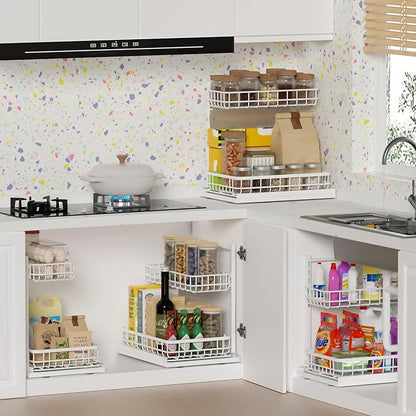 Under Sink Organizer, Adjustable Height Pull-Out Kitchen Storage Organization,15.8" x 11.8" x 16.5",2-Tier Kitchen Shelf,Bathroom Drawer Organizer, White