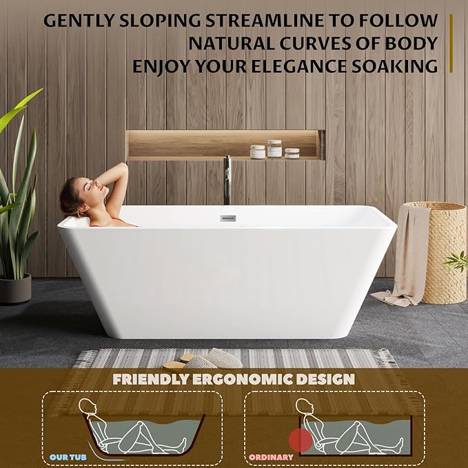 59" Freestanding Bathtub, Acrylic Soaking Tub, Chrome Overflow & Drain, Easy Installation for Modern Bathroom, White