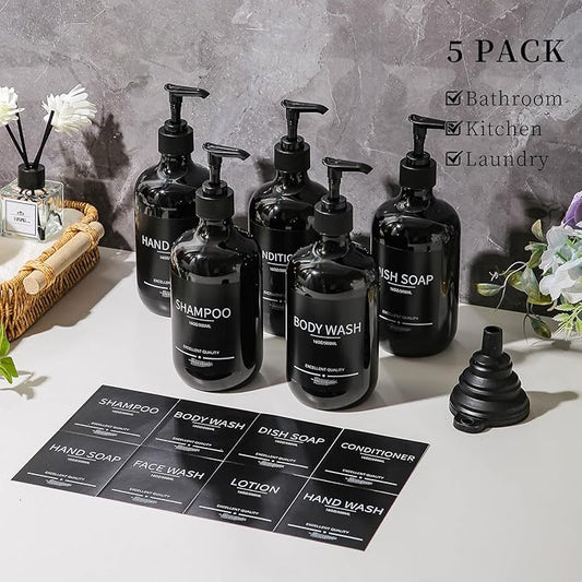 (5Pack) Black Shower Bottles Refillable with Labels, 16.9oz Reusable Shampoo and Conditioner Bottles,Shampoo Dispenser Bottles