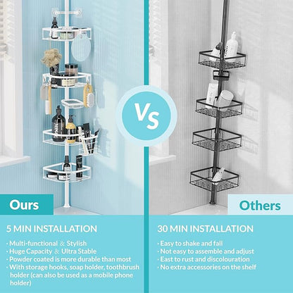 Shower Caddy Tension Pole, 4-Tier Adjustable Corner Shower Standing Caddy, Rustproof Shower Rack for Bathroom Bathtub, with 4 Shelves, No Drilling Shower Shelf for Inside Shower (White)