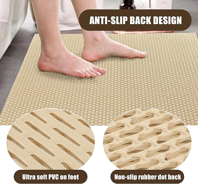 HOMBYS 58 x 32 Extra Large Shower Mat for Shower Stall Tub, Non Slip Bath Mat Bathroom Accessories, PVC Mats for Shower and Bathroom, Quick Drying, (Khaki, 58"x32")